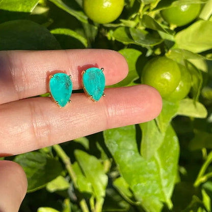 Sweet Exotic 1+1 Carat Natural Neon Colombian Emerald Stud Earrings with Amazing Neon Color and Glow 14K Yellow Gold Vermeil Emerald Pendant