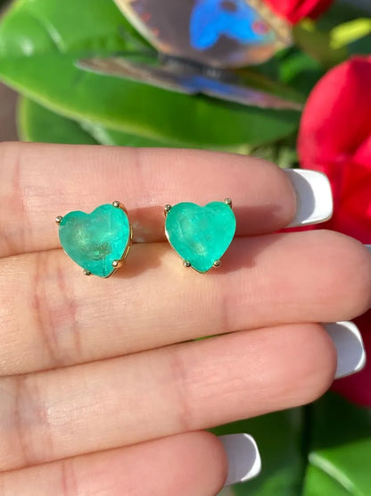 Glowing Natural Neon Colombian Emerald Stud Earrings, Emerald Heart Earrings, May Birthstone Earrings, 18K Yellow Gold Vermeil Earrings 10mm