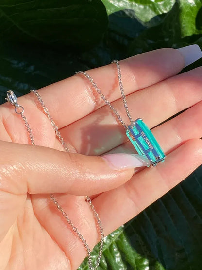 Natural Glowing Neon Colombian Emerald Rectangle Drop Necklace Pendant Chain 925 Sterling Silver Art Deco Filigree Handmade Large Beautiful