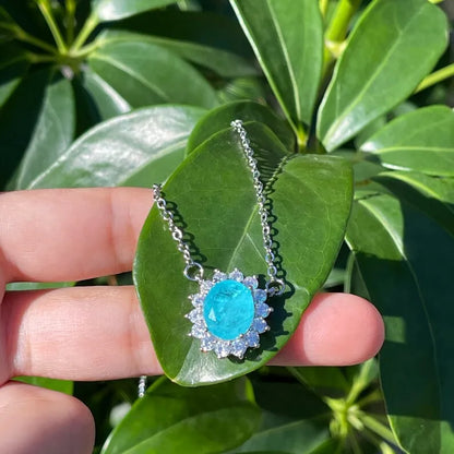 Ice Blue Oval Halo Paraiba Tourmaline Necklace Pendant, October Birth Stone, Dainty Necklace, Stunning