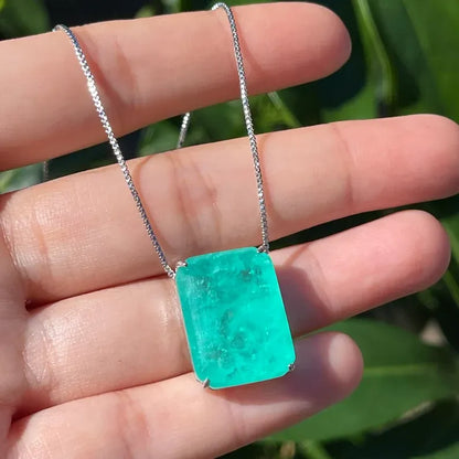 Glowing Neon Greenish Colombian Emerald Rectangle Drop Necklace Pendant Chain 925 Sterling Silver Art Deco Filigree Handmade Large Beautiful