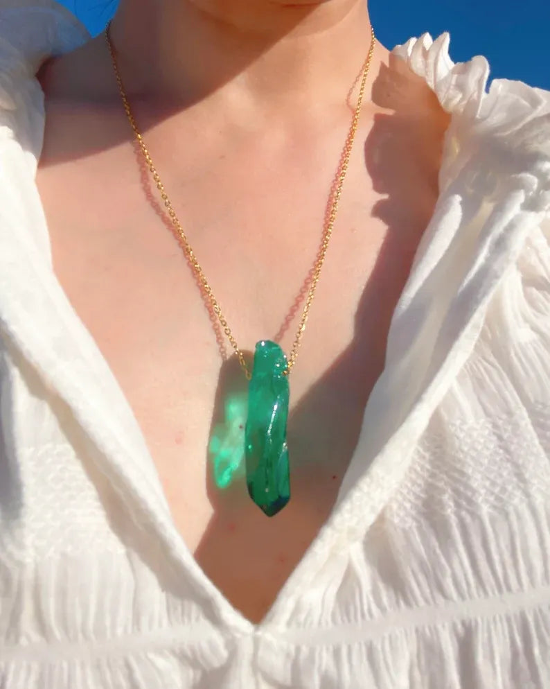 Glowing! Natural Exotic Neon Colombian Emerald Raw Gemstone Necklace, Rough Emerald Pendant, May Birthstone, Green Emerald Necklace