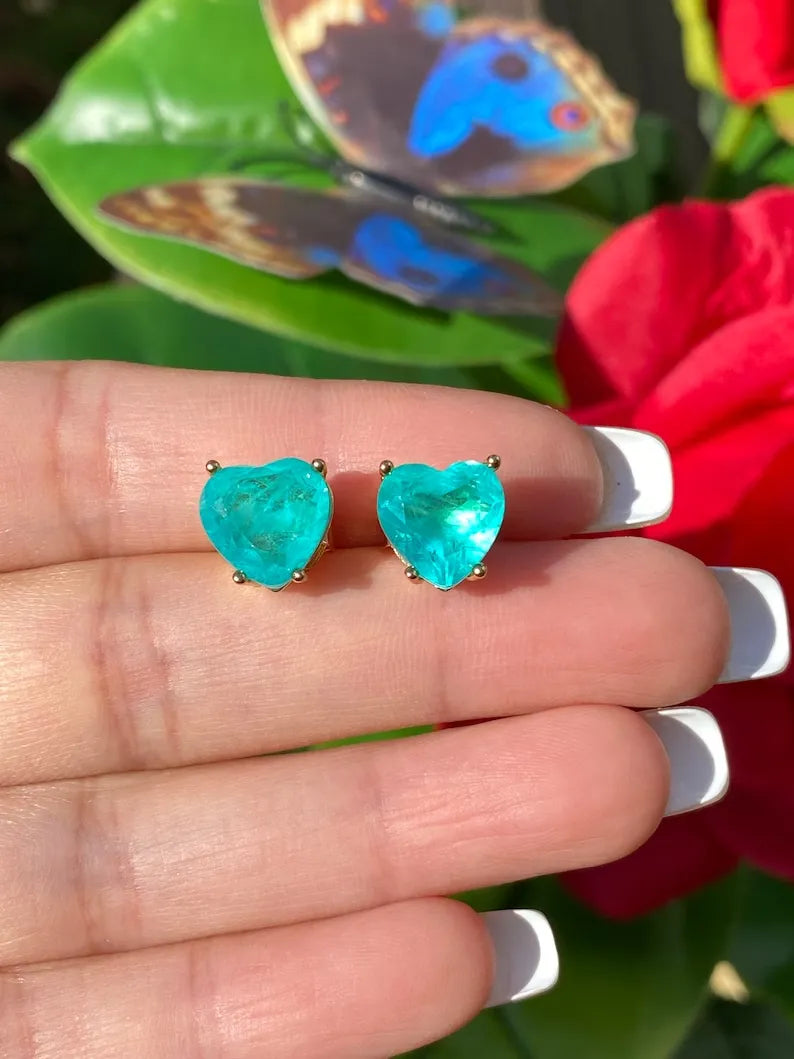 Glowing Natural Neon Blue Paraiba Tourmaline Stud Earrings, Natural Gemstone Brazil, Small Dainty Earrings, 18K Yellow Gold Vermeil