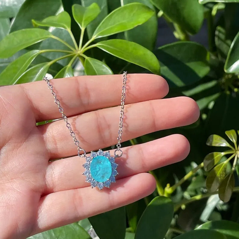 Ice Blue Oval Halo Paraiba Tourmaline Necklace Pendant, October Birth Stone, Dainty Necklace, Stunning