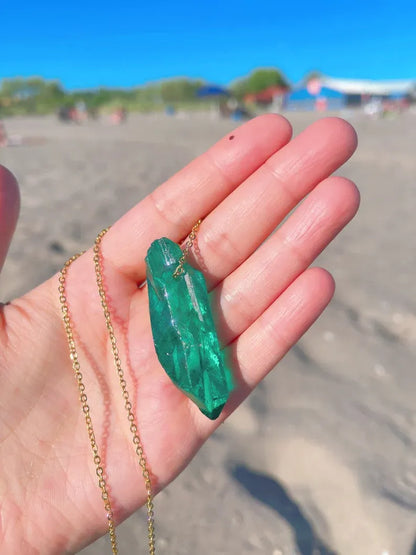 Glowing! Natural Exotic Neon Colombian Emerald Raw Gemstone Necklace, Rough Emerald Pendant, May Birthstone, Green Emerald Necklace