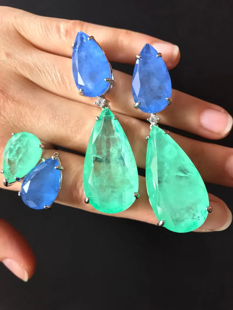 Spectacular Extra Large Natural Glowing Neon Colombian Emerald and Tanzanite Jewelry Set Dangle Drop Earrings and Ring Set