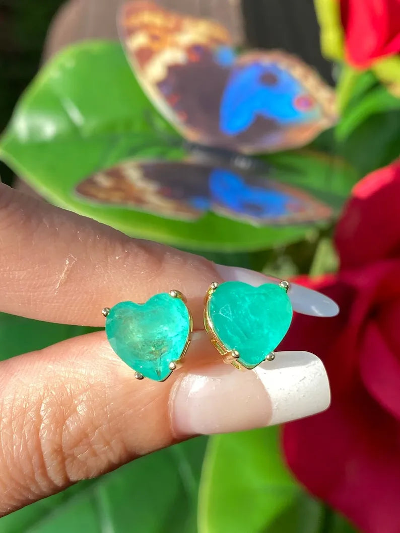 Glowing Natural Neon Colombian Emerald Stud Earrings, Emerald Heart Earrings, May Birthstone Earrings, 18K Yellow Gold Vermeil Earrings 10mm