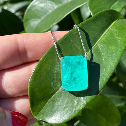 Glowing Neon Greenish Colombian Emerald Rectangle Drop Necklace Pendant Chain 925 Sterling Silver Art Deco Filigree Handmade Large Beautiful