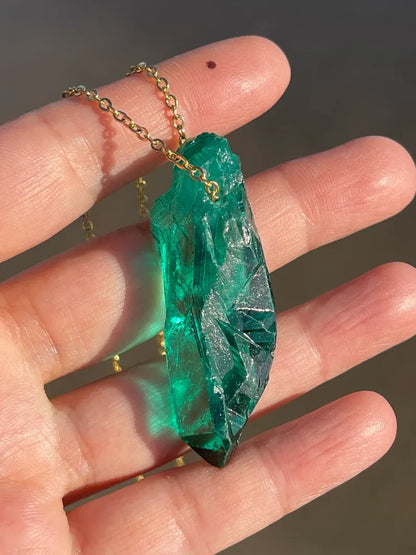 Glowing! Natural Exotic Neon Colombian Emerald Raw Gemstone Necklace, Rough Emerald Pendant, May Birthstone, Green Emerald Necklace