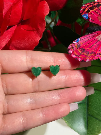 Sweet 2 Pairs of natural forest green emerald and paraiba tourmaline stud earrings, small heart shaped design, butterfly back