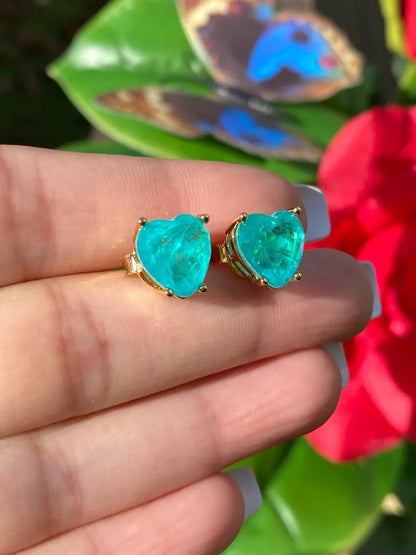 Glowing Natural Neon Blue Paraiba Tourmaline Stud Earrings, Natural Gemstone Brazil, Small Dainty Earrings, 18K Yellow Gold Vermeil