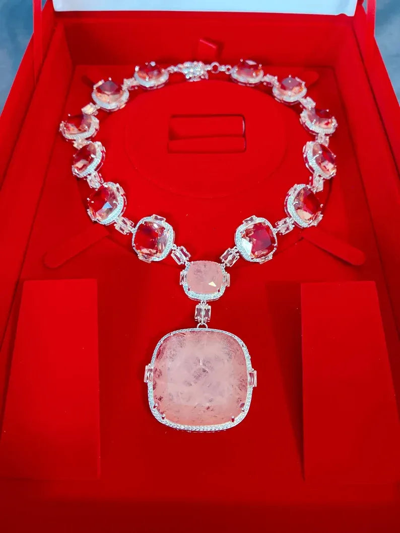 Spectacular Natural Peach and Champagne Morganite Diamond Choker Necklace, Big and Bold Morganite Charm Necklace, Perfect Gift 925 Silver