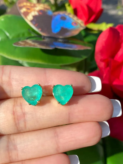 Glowing Natural Neon Colombian Emerald Stud Earrings, Emerald Heart Earrings, May Birthstone Earrings, 18K Yellow Gold Vermeil Earrings 10mm