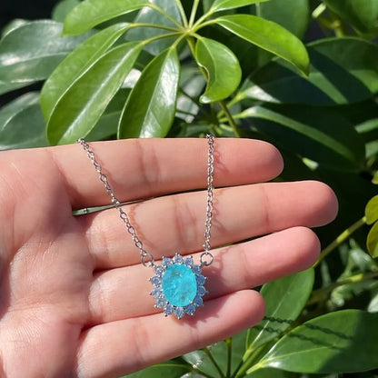 Ice Blue Oval Halo Paraiba Tourmaline Necklace Pendant, October Birth Stone, Dainty Necklace, Stunning