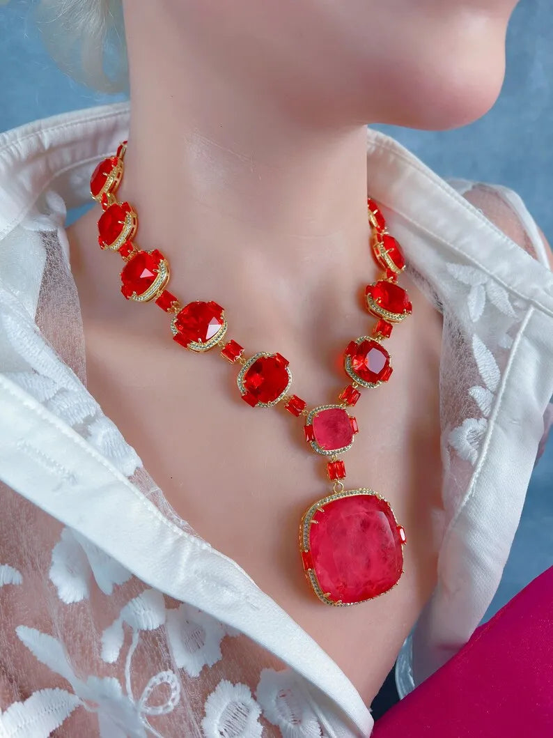 Mesmerizing, Big and Bold, Luxury and Elegant, Natural Orange Spessartine Garnet and Padparadsha Sapphire Necklace, Charm Necklace.