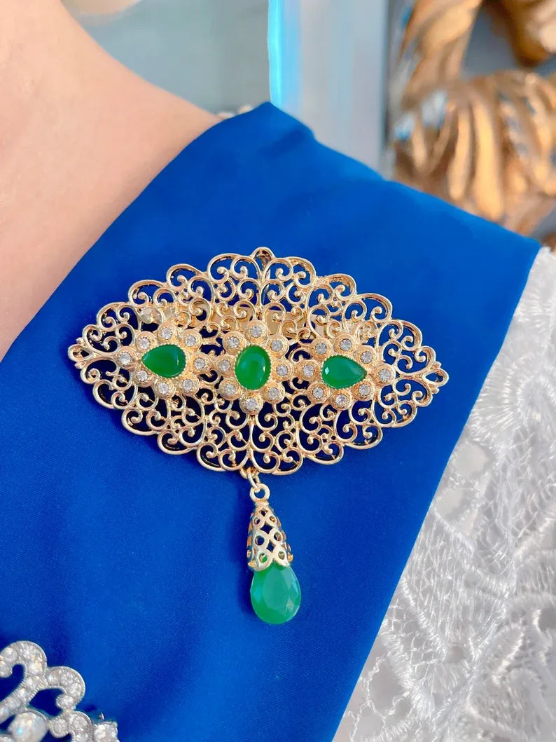 Large Natural Emerald Necklace, Inspired by Queen, Royal Dangle Drop Design, Multi Use Brooch Pendant Necklace, Luxury Gift Box