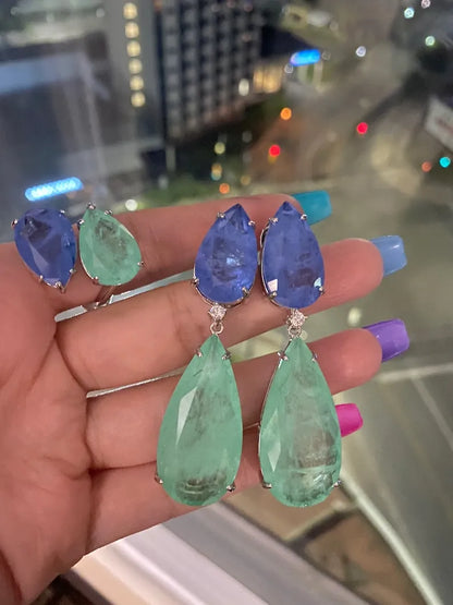 Spectacular Extra Large Natural Glowing Neon Colombian Emerald and Tanzanite Jewelry Set Dangle Drop Earrings and Ring Set