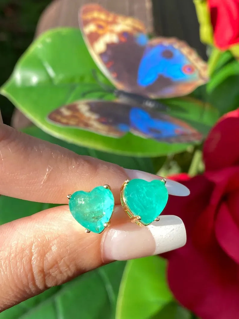 Glowing Natural Neon Colombian Emerald Stud Earrings, Emerald Heart Earrings, May Birthstone Earrings, 18K Yellow Gold Vermeil Earrings 10mm