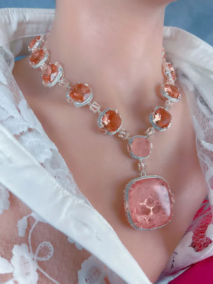 Spectacular Natural Peach and Champagne Morganite Diamond Choker Necklace, Big and Bold Morganite Charm Necklace, Perfect Gift 925 Silver