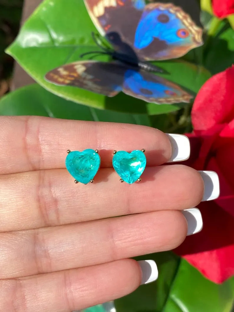 Glowing Natural Neon Blue Paraiba Tourmaline Stud Earrings, Natural Gemstone Brazil, Small Dainty Earrings, 18K Yellow Gold Vermeil