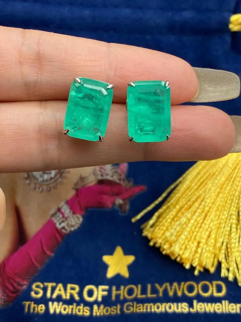 Glowing Neon Green Colombian Emerald Stud Earrings, Emerald Cut Earrings, Small Dainty Earrings, May Birthstone, Bethany Ciotola Earrings