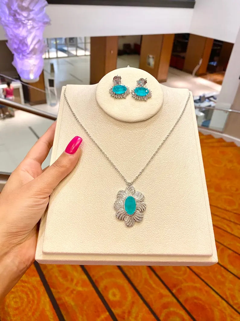 Ocean Blue Natural Paraiba Tourmaline Necklace Pendant Jewelry Set with matching Earrings, Amazing Exotic Neon Blue Color and Glow 925 SS