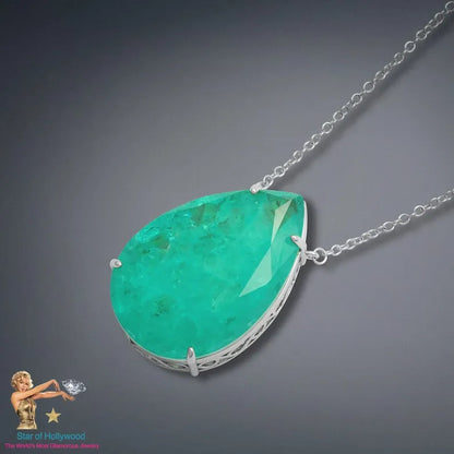 Incredible Extra Large Neon Colombian Emerald Pear Necklace Pendant, 925 Sterling Silver, Luxury Gift, May Birthstone