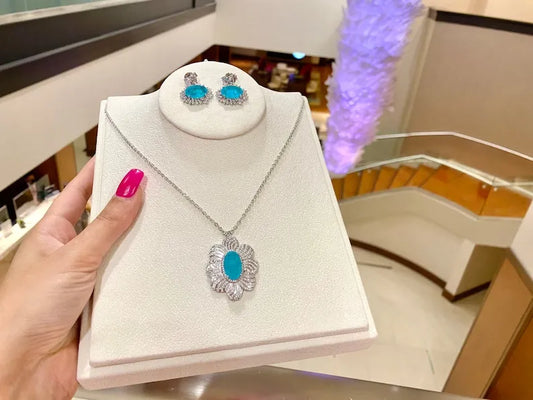 Ocean Blue Natural Paraiba Tourmaline Necklace Pendant Jewelry Set with matching Earrings, Amazing Exotic Neon Blue Color and Glow 925 SS