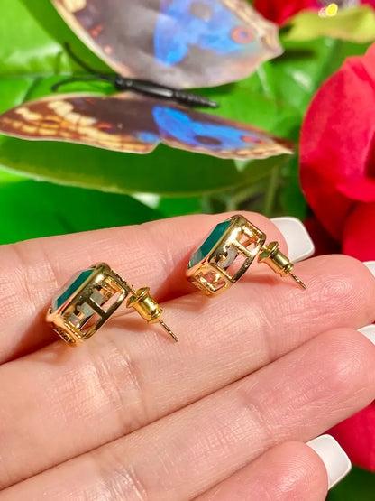 Angelina Jolie Inspired, Stunning 100% Natural Colombian Emerald Stud Earrings with Amazing Neon Green Colour and Glow, 18K Gold Vermeil