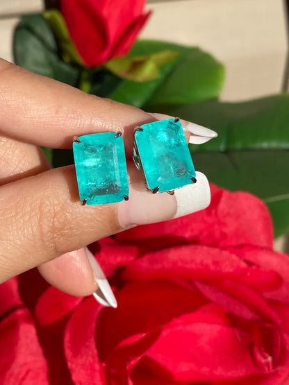 Glowing Neon Blue Colombian Emerald Stud Earrings, Emerald Cut Earrings, Small Dainty Earrings Emerald Stud Earrings May Birthstone Earrings