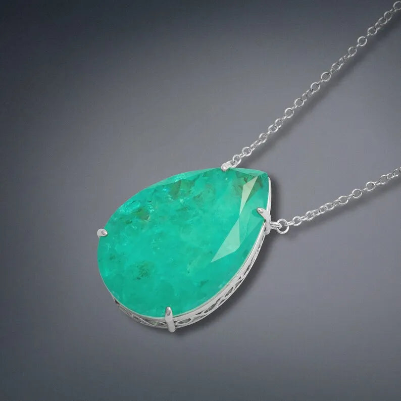 Incredible Extra Large Neon Colombian Emerald Pear Necklace Pendant, 925 Sterling Silver, Luxury Gift, May Birthstone