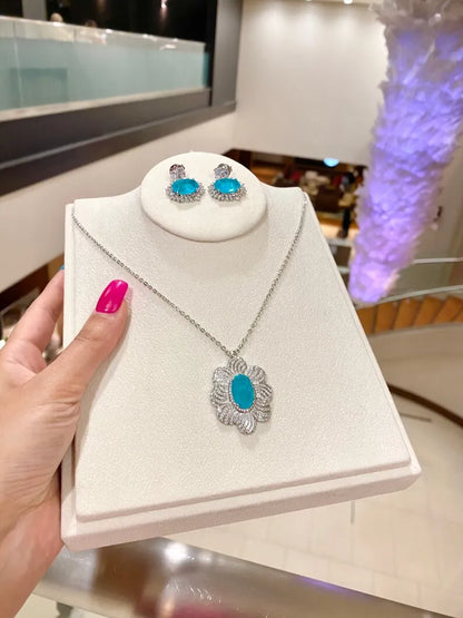 Ocean Blue Natural Paraiba Tourmaline Necklace Pendant Jewelry Set with matching Earrings, Amazing Exotic Neon Blue Color and Glow 925 SS