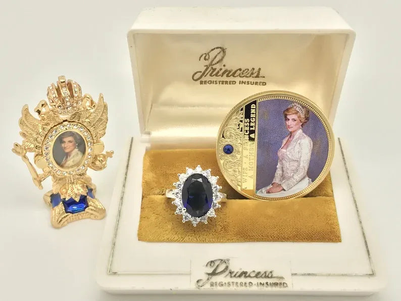 Princess Diana Style Inspired Sapphire and Diamond Ring with Original Coin