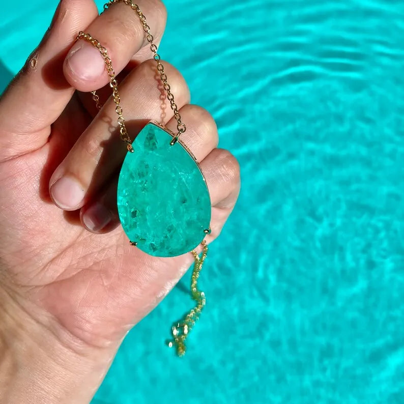 Caribbean Treasure, Extra Large Neon Colombian Emerald Pear Necklace Pendant, 18K Yellow Gold Vermeil, Luxury Gift, May Birthstone