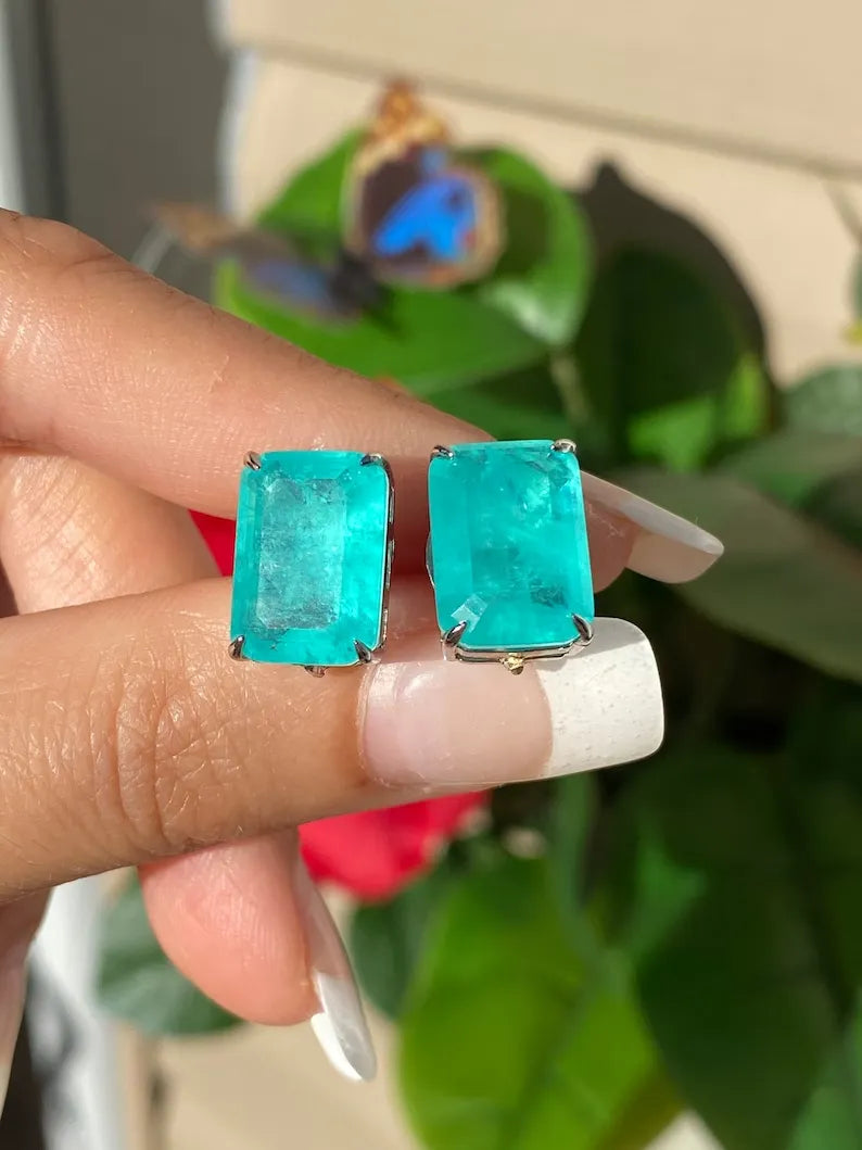 Glowing Neon Blue Colombian Emerald Stud Earrings, Emerald Cut Earrings, Small Dainty Earrings Emerald Stud Earrings May Birthstone Earrings