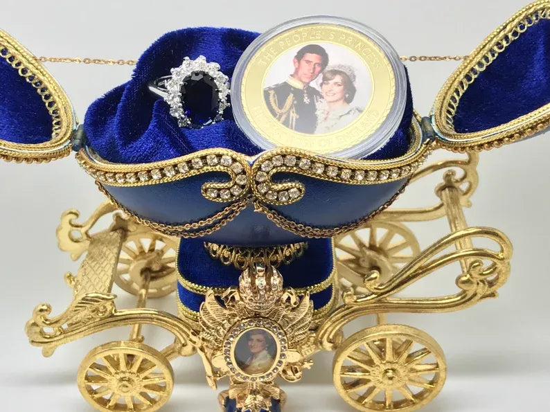 Royal Sapphire Ring, Inspired by Princess Diana, comes with golden coin of Prince Charles and Princess Diana, Sapphire and Diamond Ring