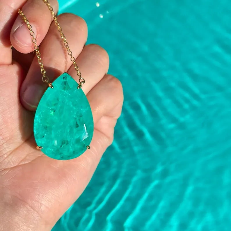 Caribbean Treasure, Extra Large Neon Colombian Emerald Pear Necklace Pendant, 18K Yellow Gold Vermeil, Luxury Gift, May Birthstone