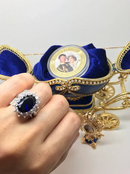 Royal Sapphire Ring, Inspired by Princess Diana, comes with golden coin of Prince Charles and Princess Diana