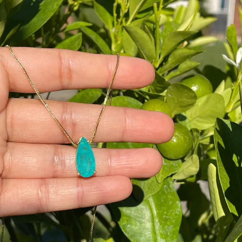 3 Carat Teardrop Ice Blue Paraiba Tourmaline Necklace, with Exotic Neon Color and Glow, Available in Gold and Silver, Every Day Necklace