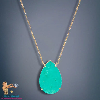 Caribbean Treasure, Extra Large Neon Colombian Emerald Pear Necklace Pendant, 18K Yellow Gold Vermeil, Luxury Gift, May Birthstone