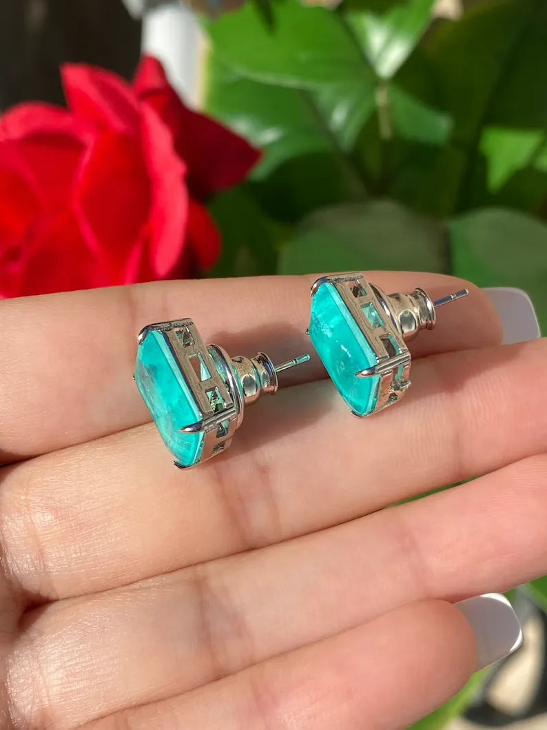 Glowing Neon Blue Colombian Emerald Stud Earrings, Emerald Cut Earrings, Small Dainty Earrings Emerald Stud Earrings May Birthstone Earrings