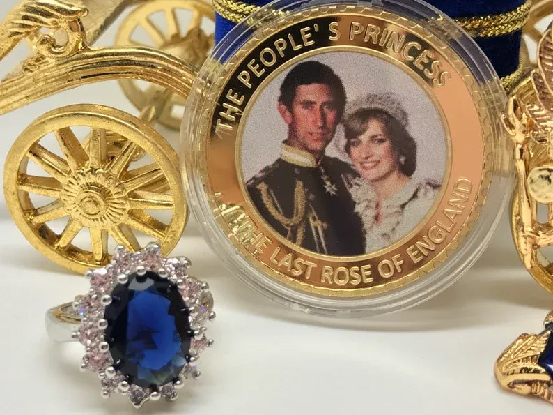 Royal Sapphire Ring, Inspired by Princess Diana, comes with golden coin of Prince Charles and Princess Diana