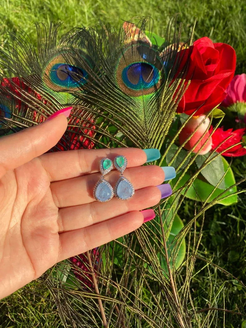 Sweet Dainty Natural Pale Tanzanite and Colombian Emerald Dangle Drop Earrings, Handcrafted in 925 Sterling Silver, Gem origin Tanzania