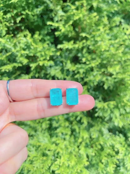 100% Glowing Genuine Colombian Emerald Stud Earrings, Small Dainty Emerald Earrings, Natural Emerald Jewel with Exotic Neon Color Glow