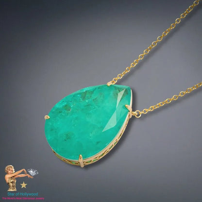 Caribbean Treasure, Extra Large Neon Colombian Emerald Pear Necklace Pendant, 18K Yellow Gold Vermeil, Luxury Gift, May Birthstone