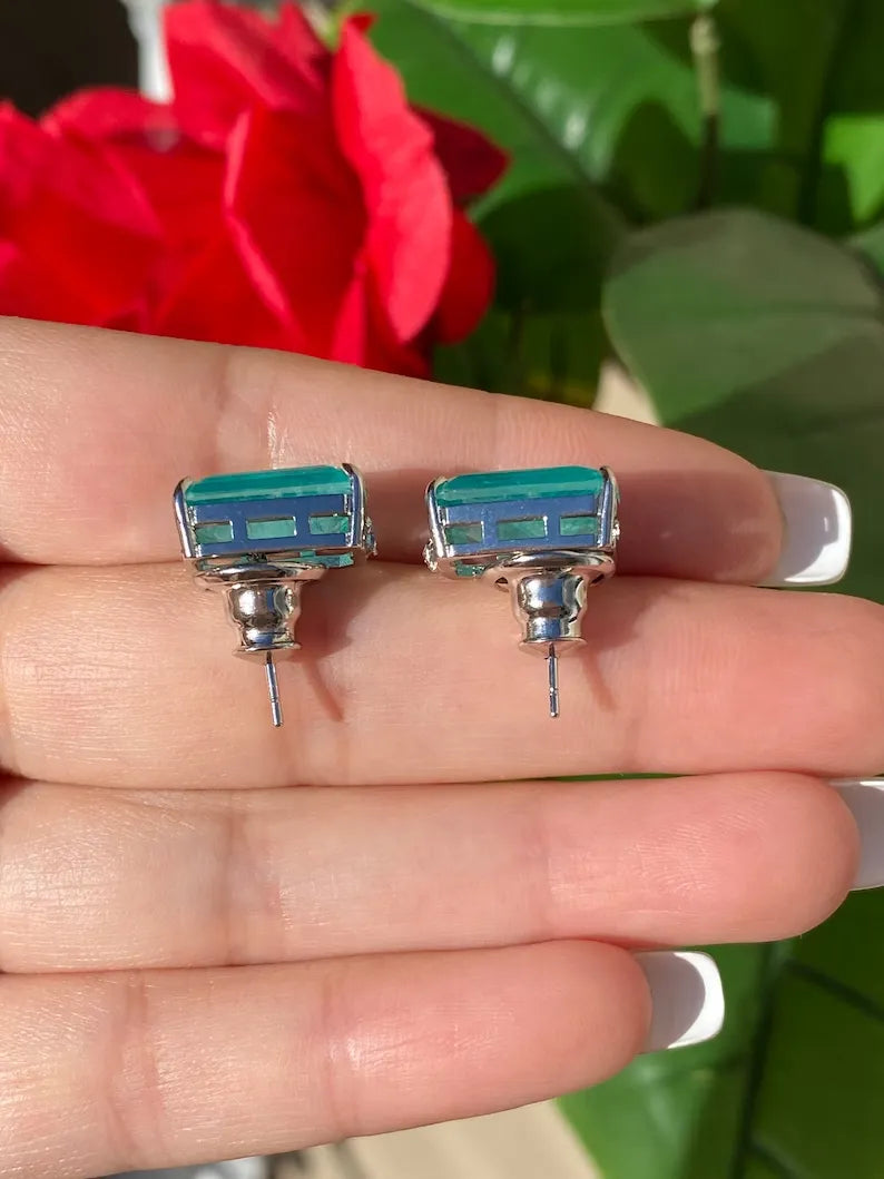 Glowing Neon Blue Colombian Emerald Stud Earrings, Emerald Cut Earrings, Small Dainty Earrings Emerald Stud Earrings May Birthstone Earrings