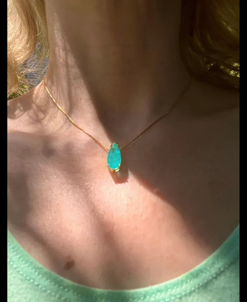 3 Carat Teardrop Ice Blue Paraiba Tourmaline Necklace, with Exotic Neon Color and Glow, Available in Gold and Silver, Every Day Necklace