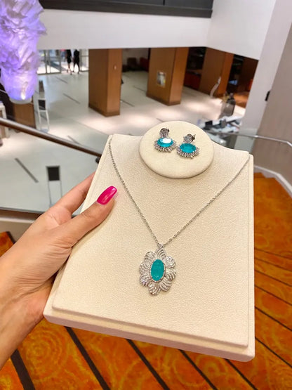 Ocean Blue Natural Paraiba Tourmaline Necklace Pendant Jewelry Set with matching Earrings, Amazing Exotic Neon Blue Color and Glow 925 SS