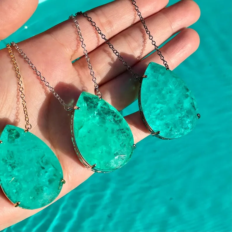 Caribbean Treasure, Extra Large Neon Colombian Emerald Pear Necklace Pendant, 18K Yellow Gold Vermeil, Luxury Gift, May Birthstone