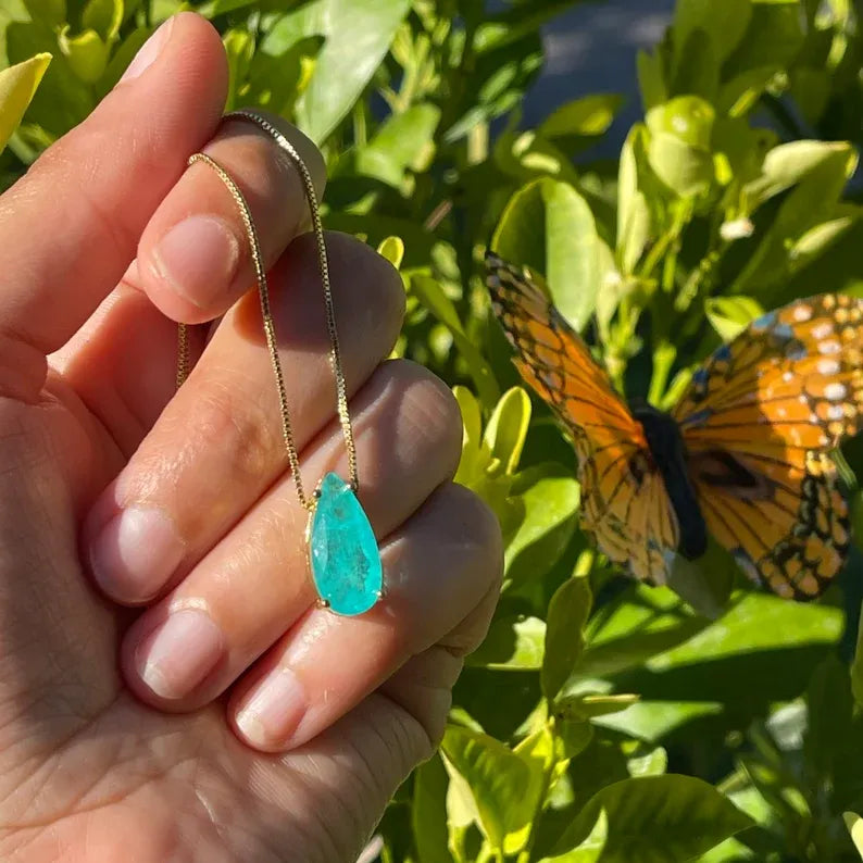 3 Carat Teardrop Ice Blue Paraiba Tourmaline Necklace, with Exotic Neon Color and Glow, Available in Gold and Silver, Every Day Necklace